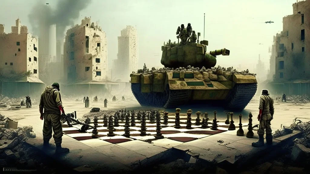 Israeli soldiers and tanks stand on a very large chessboard in the middle of a destroyed city