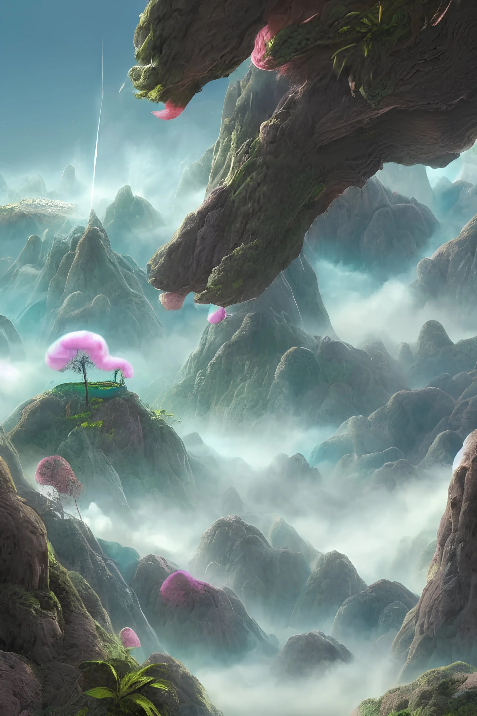 a psychedelic realm with rolling plains made out of clouds, mountains made out of icebergs, and plant life made out of cotton candy, in the style of wlop and namek, illustration, epic, fantasy, hyper detailed, smooth, unreal engine, sharp focus, ray tracing