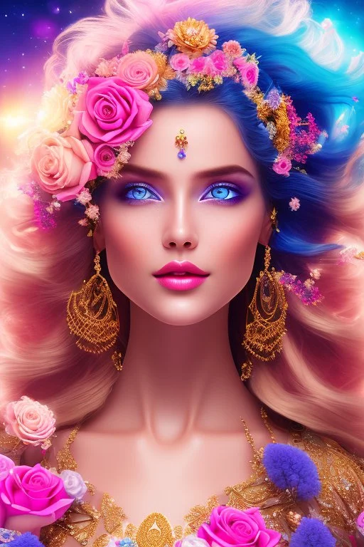 Beautyful smiling young woman, long hair amazing blue eyes, flowers, happy cosmic, bright colors, blue, pink, gold, jewels, realistic, photo real, clear sunny background, highly detailed, high contrast, 8k high definition, unreal engine 5, extremely sharp detail, light effect, sunny light backgroundgold, jewels, realistic, photo real, clear sunny background, highly detailed, high contrast, 8k h