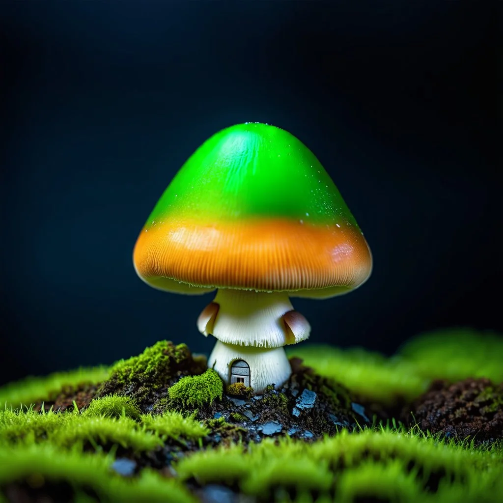 "Close up of a wonderful tiny Mushroom Tower home. green and orange with bright white, deep black and contrasting tones of gray. Illuminated bioluminescent forest. Professional painter, master at composition. small but detailed. broken, blurred background, voluminous lighting"