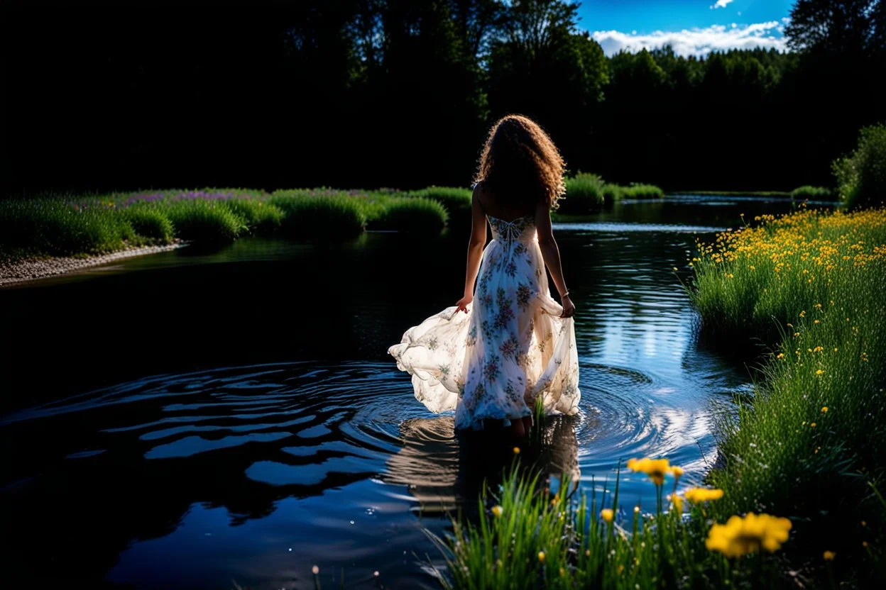 shot from face front green field and wild flower field ,beautiful girl in pretty dress curly hair walking in water toward camera in trees next to wavy river with clear water and nice sands in floor.camera capture from her full body front, spring blosom walking to camera ,camera captures her upper body ,wild flowers moving in the wind ,blue sky,moving pretty clouds ,joy full facet.