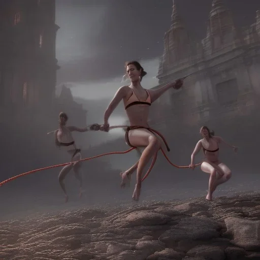 Two women skipping with a rope, demons and angry gods fight in the background, in the style of a Michael Moorcock book cover.