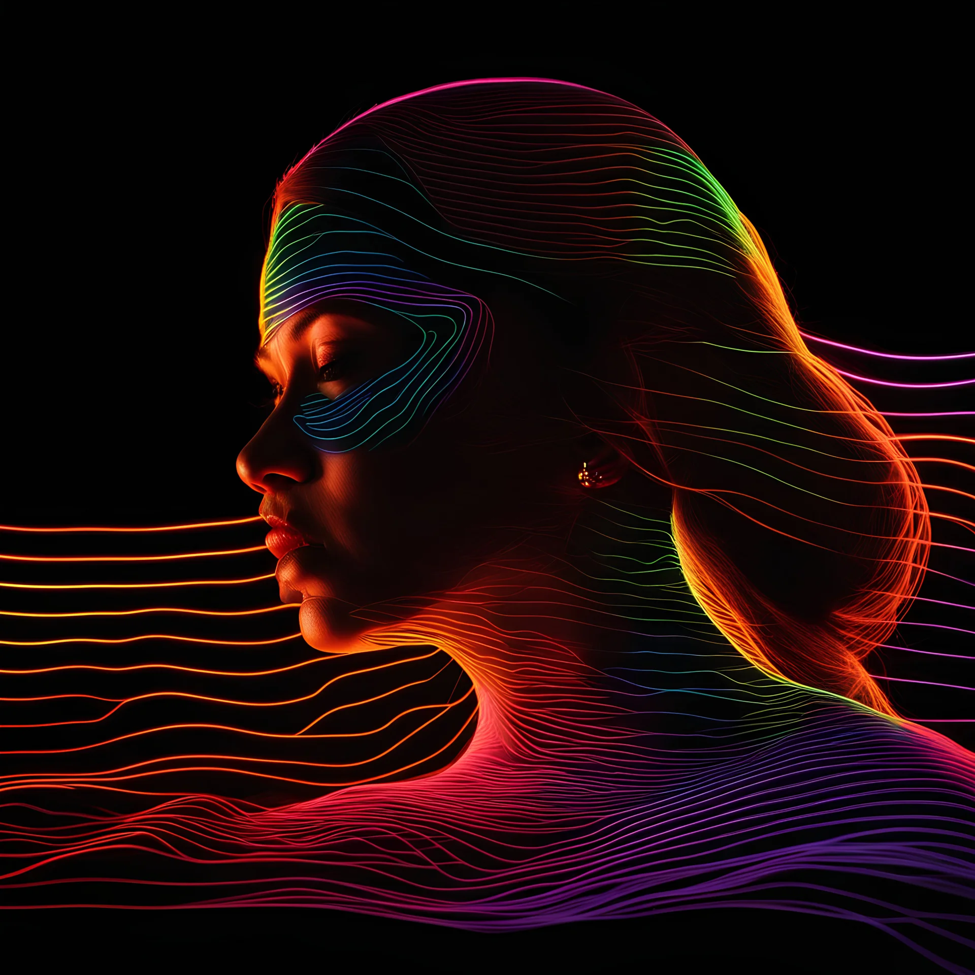 a portrait photograph of luminescent colors wavy electronic lines fully covers a woman's face like topographical curves , full head, ((pure black background)) , 35 mm photo, neon light like in tron movie, highly detailed, glow, blurry, sharp focus, colorful