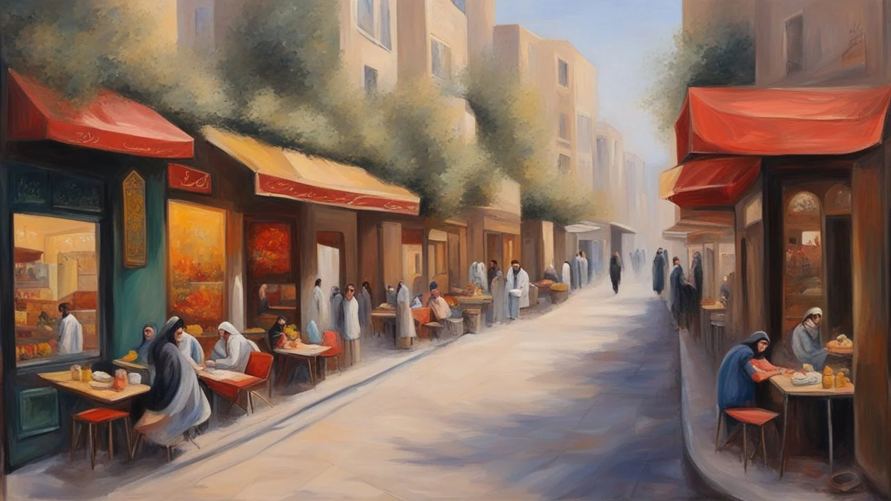 a street with cafe shops like Tehran. oil painting