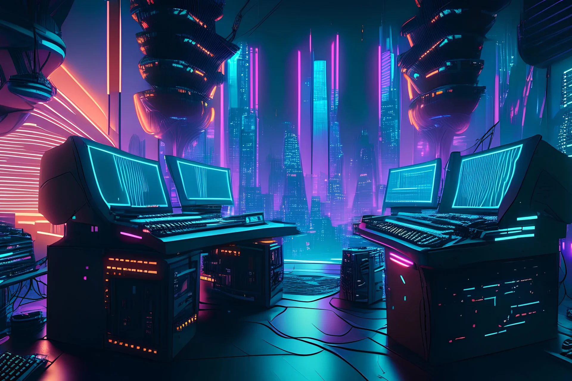 an empty tokyo music studio with keyboard desk speakers and monitors in the heart of a neon-lit, metropolis for robots, filled with diverse futuristic technology. The scene is a blend of gritty realism and vivid imagination, with towering holographic and a cacophony of sights and sounds. 32K UHD, dynamic colors, and intricate details create an immersive and engaging image.