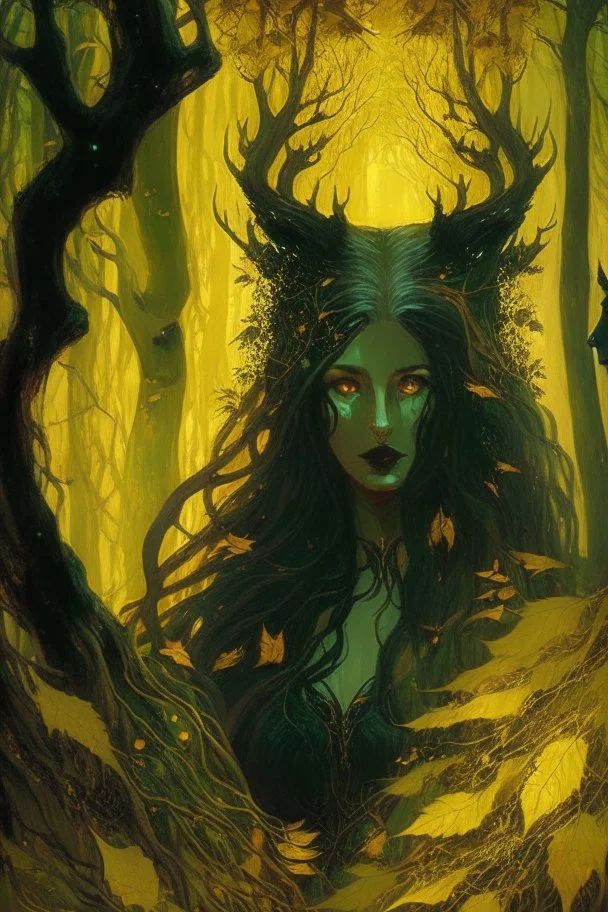 In the heart of a dense and enigmatic forest with towering ancient trees cloaked in emerald, yellow and amber foliage stands an ethereal beauty, her face is perfect, her lustrous hair cascading in ebony waves down to her slender waist in the background the crimson eyes of a large demonic animal are visible