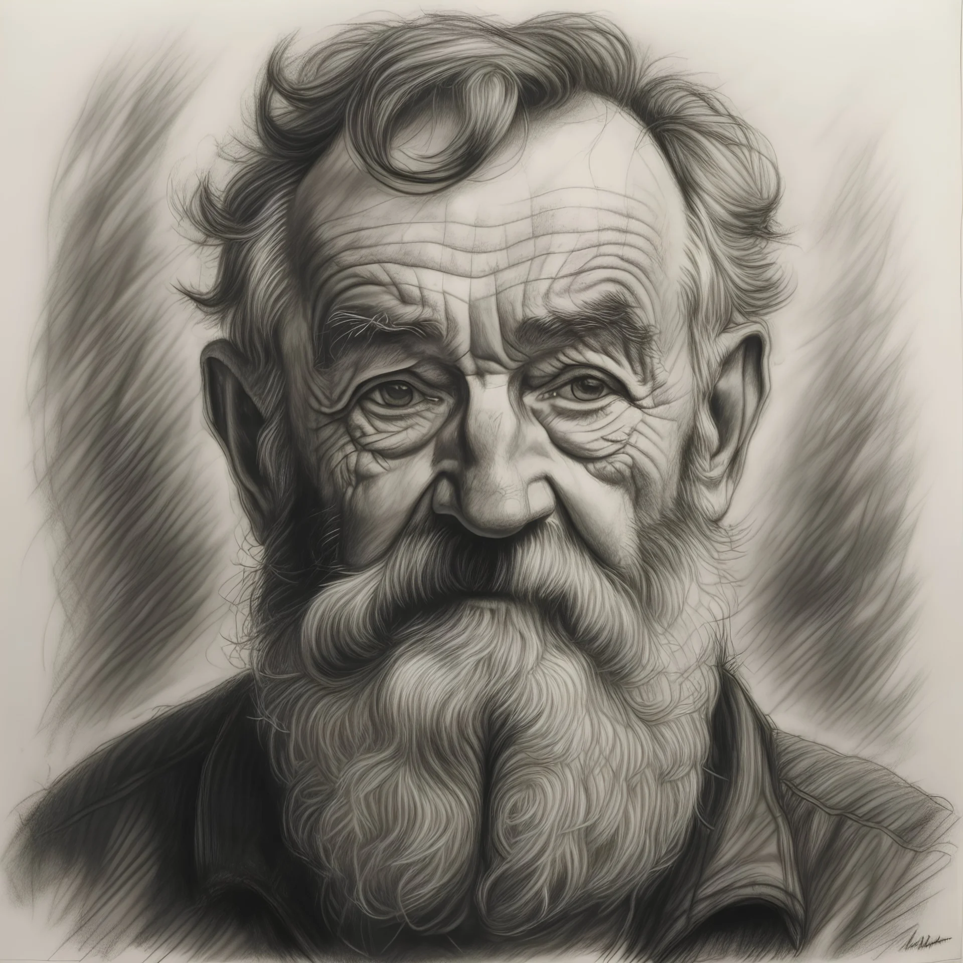 charcoal drawing portrait of 80 years old man, stained paper, black beard