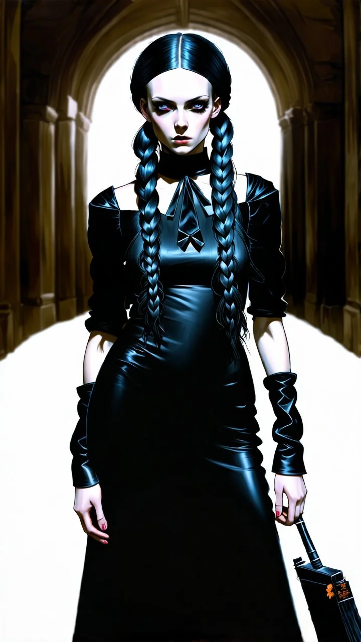 highly detailed, full body oil painting, petite goth girl with long dark braided hair, sharply defined angular facial features, anatomic perfection, by Andrea Kowch> <Yoji Shinkawa> <Jean-Giraud Moebius, vibrant natural color tones, precisely drawn and inked, 8k resolution