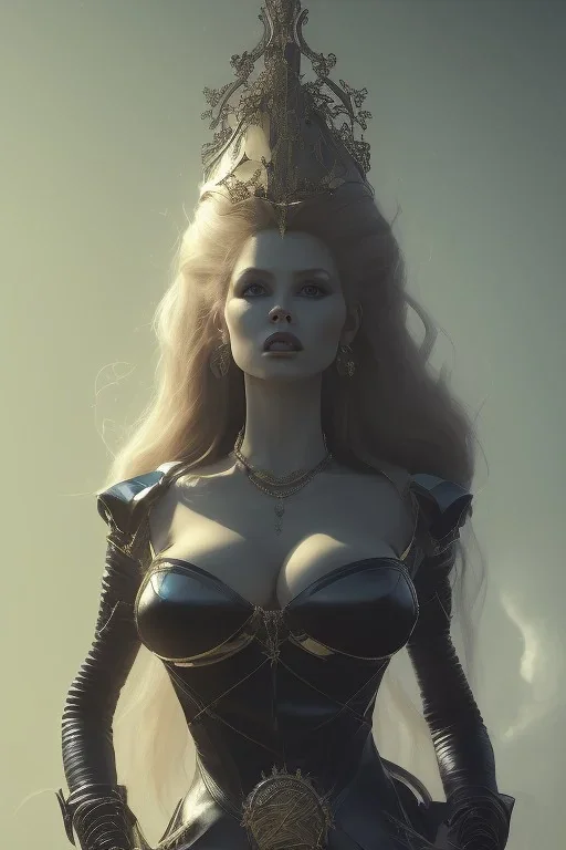 Brigitte Bardot as evil queen in black leather, leather, busty, cleavage, angry, stern look. character design by cory loftis, fenghua zhong, ryohei hase, ismail inceoglu and ruan jia. unreal engine 5, artistic lighting, highly detailed, photorealistic, fantasy.