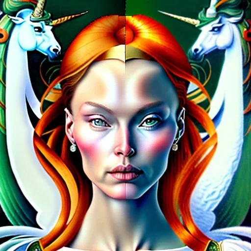 portrait of a beautiful busty Jean Grey with green eyes riding a unicorn by Sandro Botticelli style