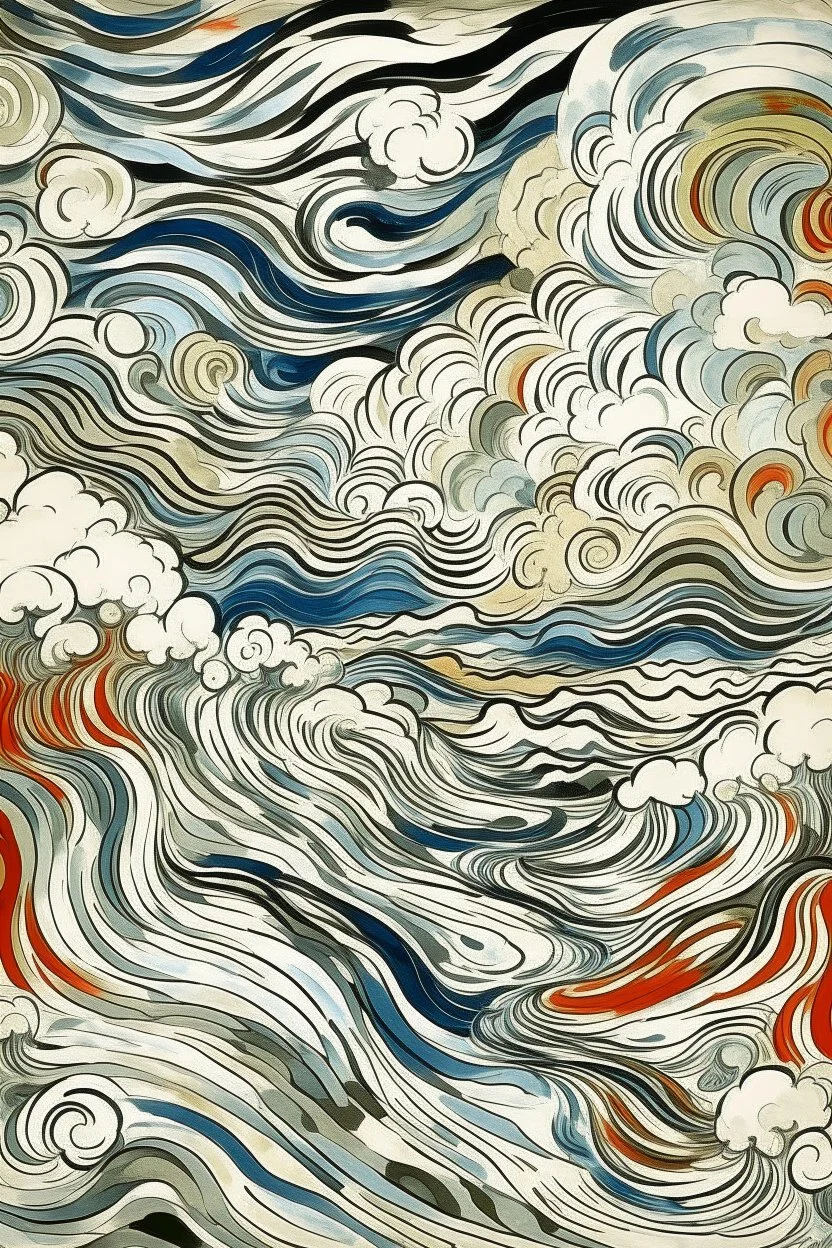 A white cloudy sky with tornadoes designed in Chinese paper art painted by Edvard Munch