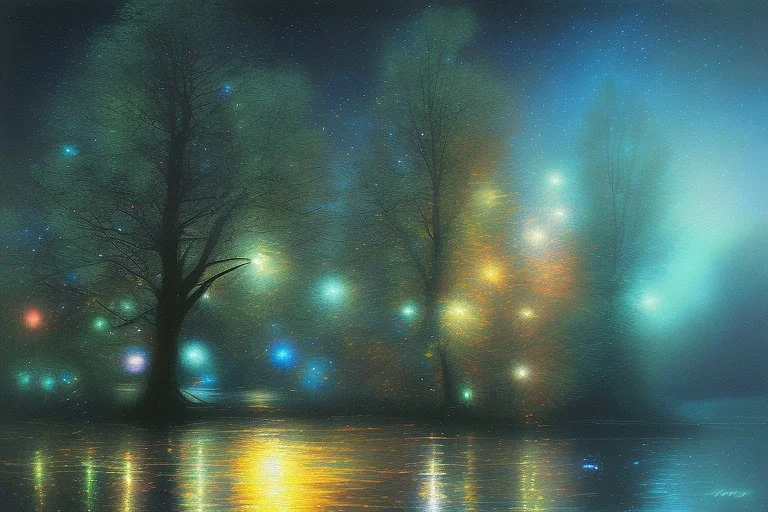 tree, water reflection, galaxy, cosmos, science fiction, lesser ury painting