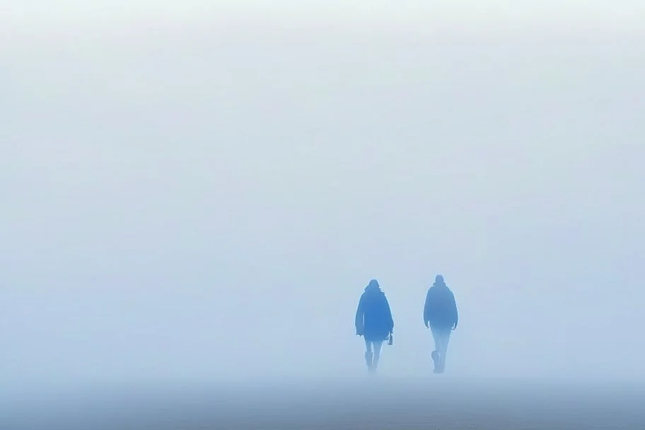 two people seen from behind walking side by side in an empty foggy plain, above there is blue sky