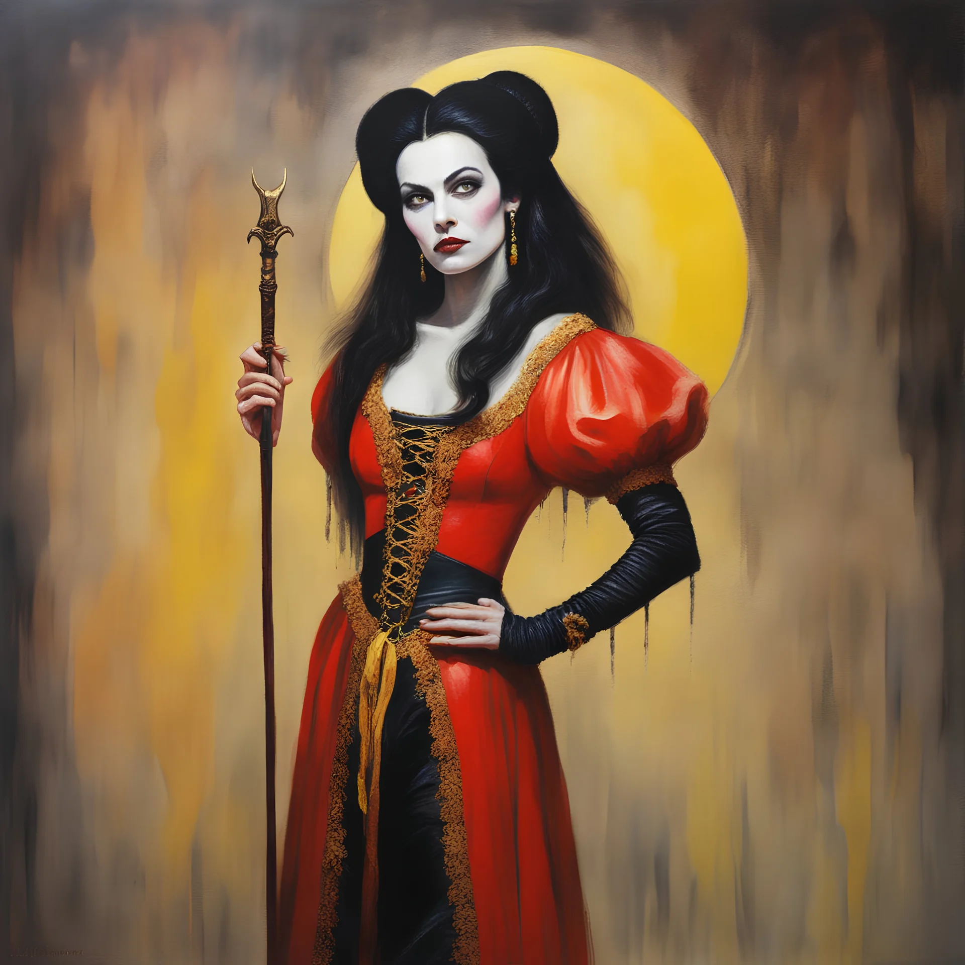 a Hideous, horrifying, frightening black-haired Snow White the evil vampire witch, wearing a red leather sling suit with a gold/yellow bat emblem on the waist, dark, multicolored watercolor stained wall in the background, oil painting in the art style of Frank Frazetta, 32k UHD, Hyper realistic, photorealistic, realistic, sharp, highly detailed, professional quality, beautiful, awesome, majestic, superb, trending on artstation