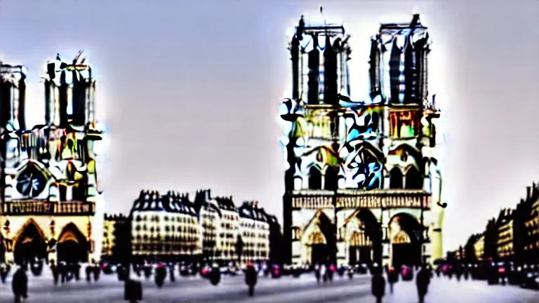 A Tesla semi-truck is racing at top speed, by the Notre-Dame Cathedral, in Paris. CINEMATIC. WIDE ANGLE LENS. PHOTO REAL.