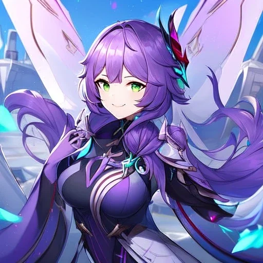 Clear focus,High resolution,High quality, Smiling, Purple long fluffy hair, Green eyes, Wearing a pink mech uniform, Honkai Impact Star Rail, Magical Scenery