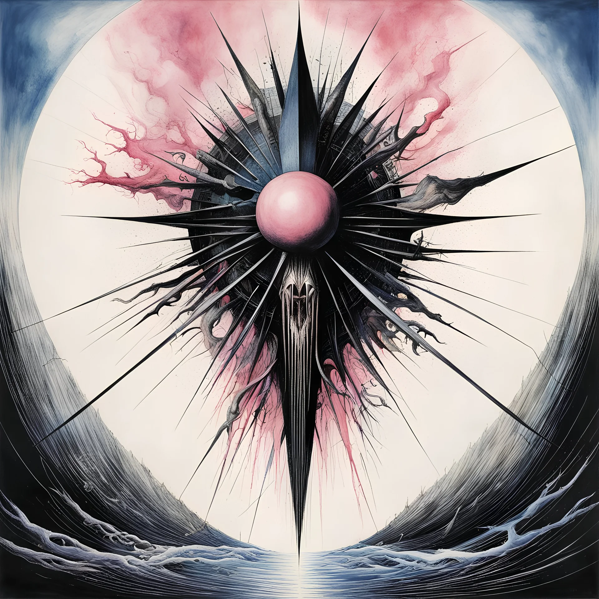 Claws tearing off disguise from behind, cosmic horror tribute to "PINK FLOYD", Style by Laszlo Moholy-Nagy and Stephen Gammell and Kay Nielsen, artistically sinister, Album art, color ink illustration, white - black - pink - midnight_blue colors, smooth,