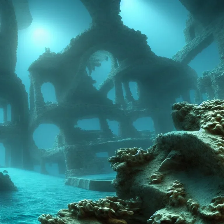 lost underwater city, Poseidon, highly detailed, cinematic, ultra photorealistic, ultra realistic, volumetric lighting, sun shafts, spectral, 4k, 8k, fish swimming around, murky, coral reef, shipwreck