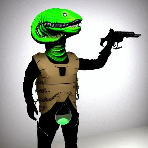 Alien, snake, metaljellyfishsombrero, vest, hands, holding gun, holster, steel military boots, squishy, chest plate, oxygen mask, bulbus nos snout, reptile pupil