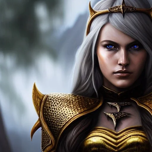 ultra detailed fullbody Portrait in oil on canvas of beautiful female DemonHunter with Skyrim Dragonplate armor,extremely detailed digital painting, extremely detailed face,crystal clear Big eyes, mystical colors ,perfectly centered image, perfect composition,rim light, beautiful lighting,8k, stunning scene,extremely sharp detail,finely tuned detail, ultra high definition raytracing, in the style of Simon Bisley and Frank Frazetta and robert e howard and Hyun Suk Lee and Ken Kelley