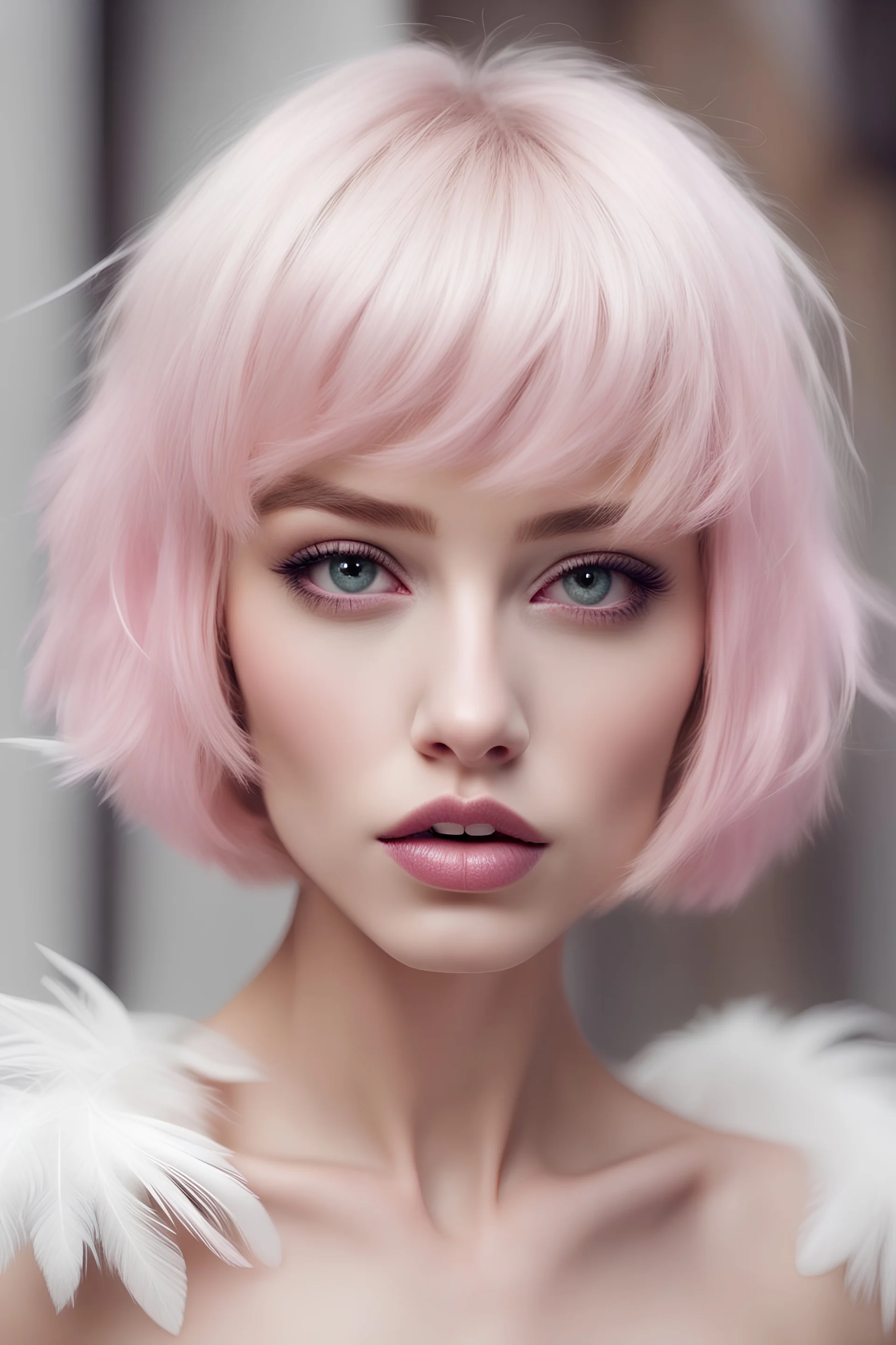 Cewek cantik bibir merah muda mata sipit bulu mata lentik kulit putih badan mungil rambut pendek berkilau