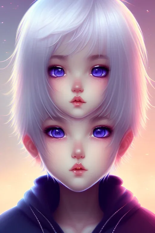 Shota, cute, portrait, white hair, blue eyes, dhy