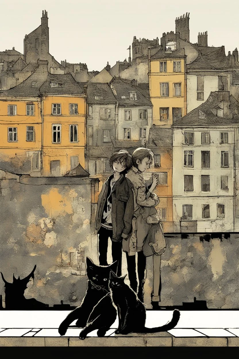 Three teenage street children two boys and one punk girl in book-cover poses on the screen of an old town plus a black cat as a companion, dark graphic style, Banksy style, Klimt style, Kandinsky style, Gaiman style