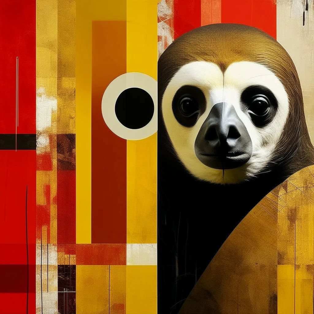 New Objectivity Sloth contrivance, by Colin McCahon and VS Gaitonde, mind-bending image, fragmented, subconscious deconstructivism, dull yellow and black and white and pastel red color scheme