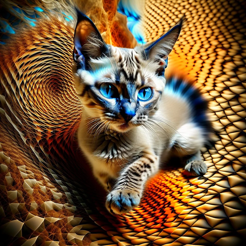 A high-speed action shot of a young Siamese kittenwith brown ears, captured in mid-leap or play. The image is detailed and intricate, featuring swirling fractal patterns surrounding the kitten, enhancing the sense of motion and energy. In the background, there's a mesmerizing fractal landscape, with complex geometric shapes and vibrant colors. The landscape and the fractal patterns around the puppy blend seamlessly, creating a dynamic and visually captivating scene in space with chrome silver pl