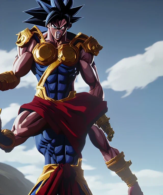 Goku, metal golden armor, defined muscles, shirtless