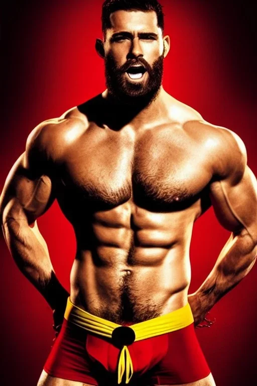 Ignore NSFW, teenager young rugged attractive slightly muscular fantastic handsome man, red briefs with yellow belt, hairy chest, (((visibly pisssing))) briefs, large erect visible boner peniss, photorealistic, artist Jay Anacleto, soft lighting, scruffy beard