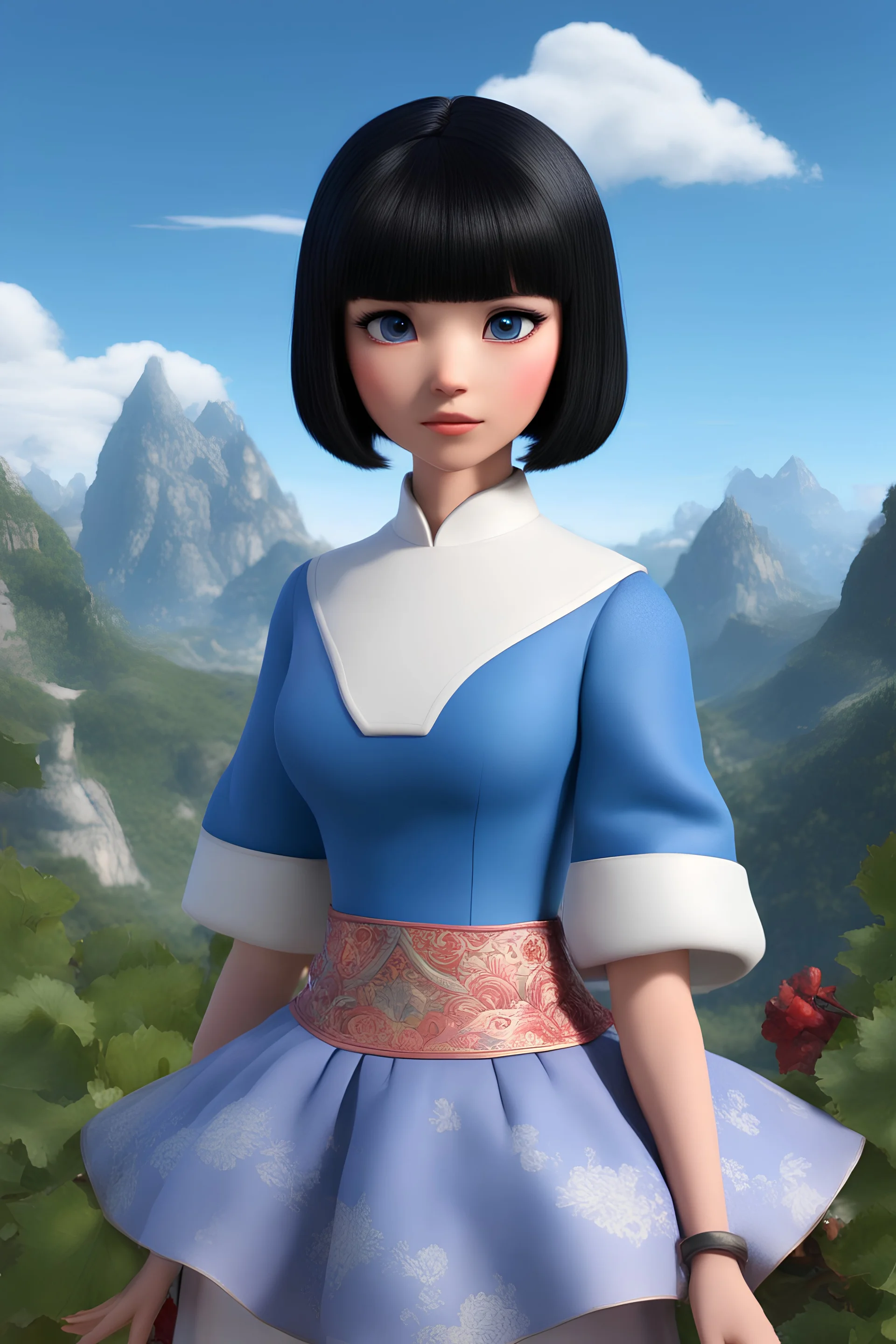 3D Disney Princess type - full body - Horror of the Planet of the Grapes - black hair, Deep Blue Eyes - head and shoulders portrait - Lenna, part grape, part human, short, bowl-cut, straight black hair, the bangs cut straight across the forehead, she resembles a China doll, and she resembles Spock - Mountains, blue skies, clouds, red roses, blue roses, yellow roses, honeysuckle roses, carnations, lilacs, professional quality, 32k, UHD, glossy, 1080p, Extremely high resolution Digital photograph