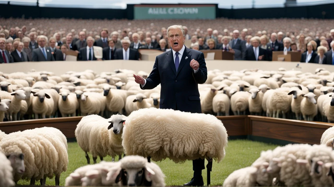 malevolent world leader and orator at podium speaking to large field of sheep