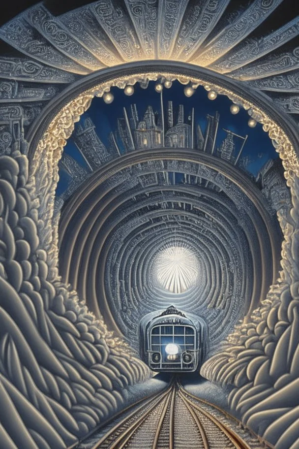 Then it comes to be that the soothing light at the end of your tunnel Was just a freight train coming your way; intricately detailed surreal optical art, award-winning,