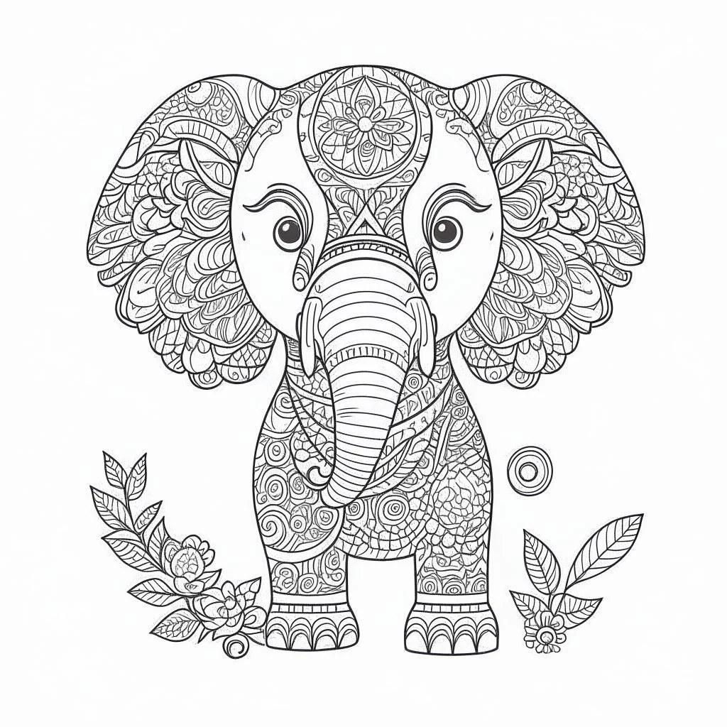 coloring page, mandala baby elephant, happy, cute animals, full view, realistic, only draw lines, clean line art, –no sketch, color, –ar 3:4, white background, minimalistic black lines, minimal black color, low level black colors, coloring page, avoid thick black colors, thin black line art, avoid colors, perfect shape lines, perfect clear lines,