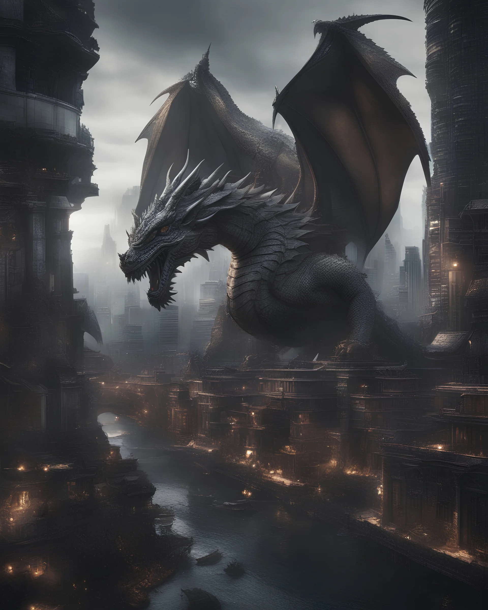 Photoreal gorgeous dragon-shaped futuristic city by lee jeffries, in the style of fantasy movies, photorealistic, shot on Hasselblad h6d-400c, zeiss prime lens, bokeh like f/0.8, tilt-shift lens 8k, high detail, smooth render, unreal engine 5, cinema 4d, HDR, dust effect, vivid colors