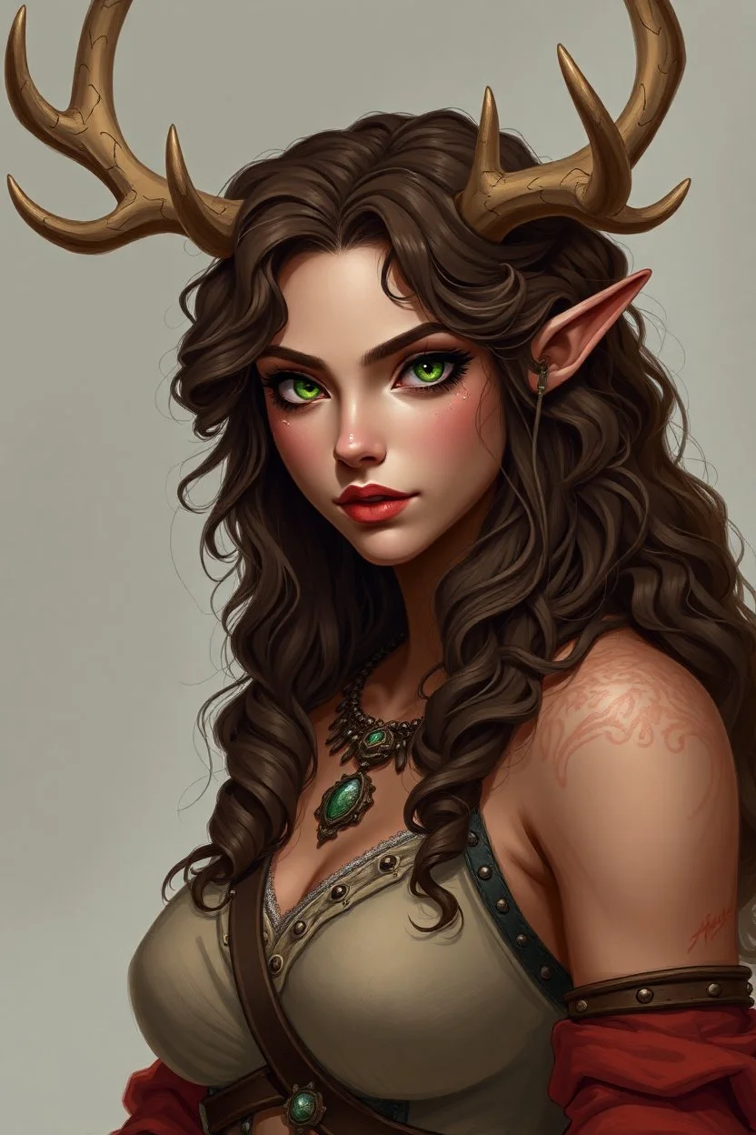 A female fantasy warrior with antlers, olive toned skin, long brown curly hair, green eyes. Quirky face