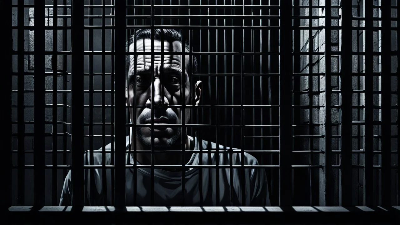 close up parallel prison window bars in foreground, hidden human face partially visible through the window bars, dark prison cell behind him, vertical shadows in background, ultra realistic, dark atmosphere, high contrasts, cinematic