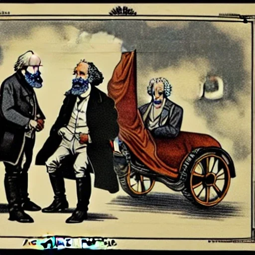 Unicorn playing Carts with Karl Marx and Einstein on flying delorian