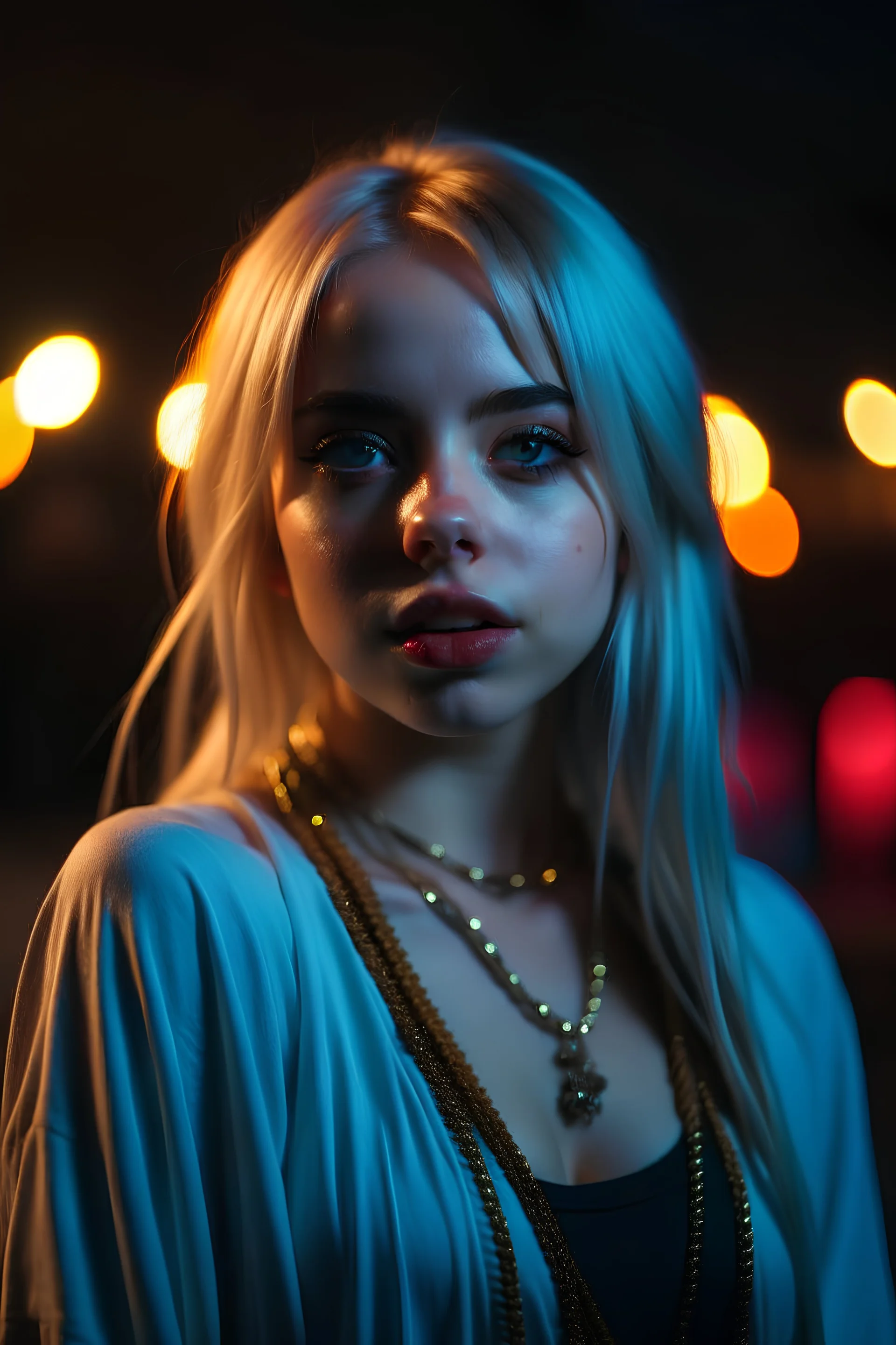 portrait of a beautiful young billie eilish, long messy braided white hair, dressed in an oriental dancing outfit with exposed shoulders night-time, pale smooth skin, alluring, piercing, realistic, warm light on face, highly detailed face, very high resolution, looking at the camera, centered