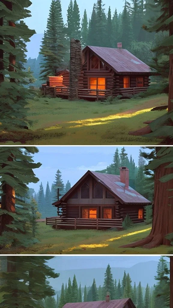 A cabin in the woods, a big brown bear, a movie scene, a more accurate picture