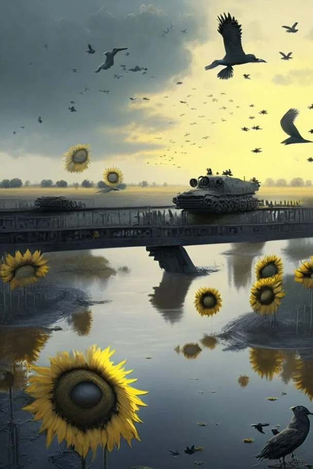 gray lake with bridge of sunflowers and tanks and black birds in fuggy sky with dim sunlight