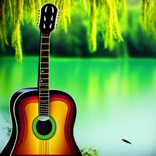 guitar is leaning at a beautiful green Tree, in front of a lake, photorealistic