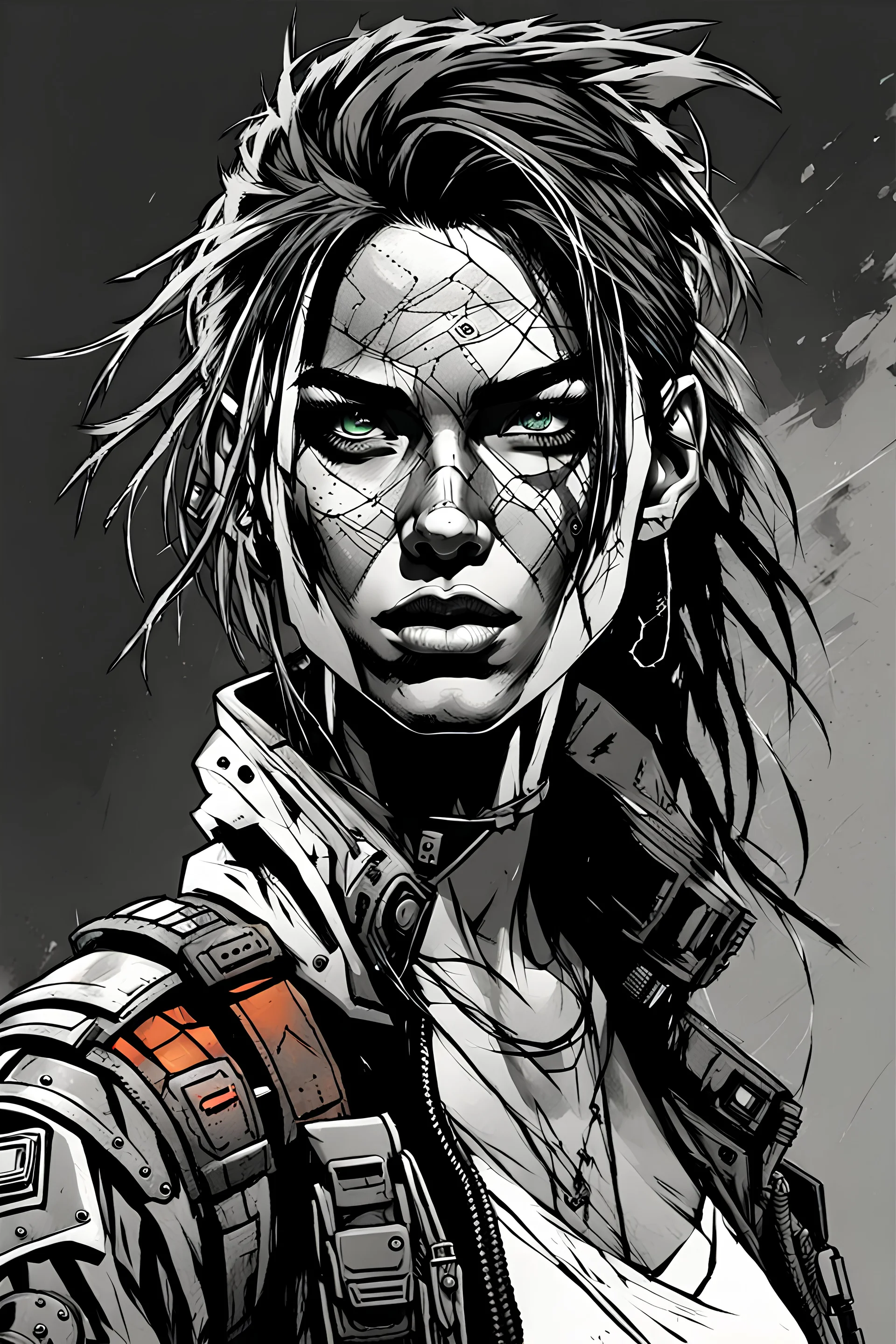 create a full body portrait sketch of a beautiful, young woman, raggedly dressed, post apocalyptic, cyberpunk scavenger, with highly detailed and deeply cut facial features, searing lines and forceful strokes, precisely drawn, boldly inked, with gritty textures, vibrant colors, dramatic otherworldly lighting