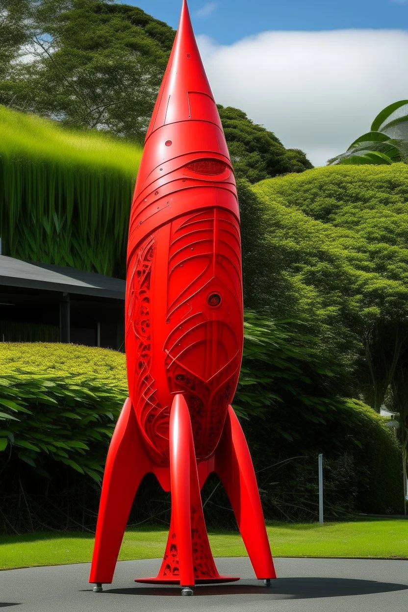 An orangish red steel rocket designed in Maori sculptures