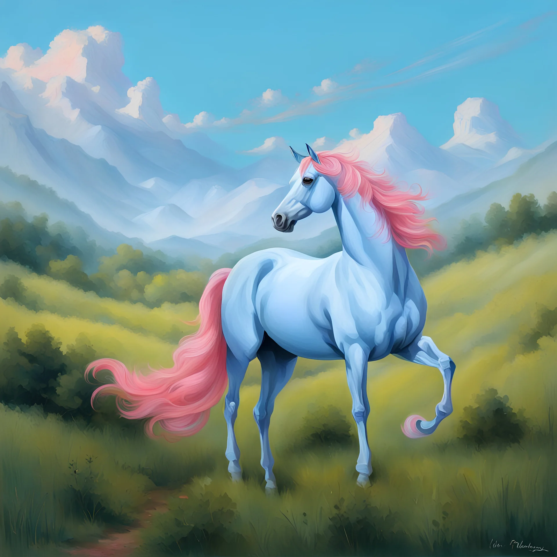 a pink horse like a 19th painting