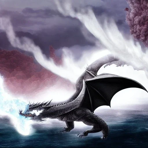  dragon flying with white, opaque scales, volumetric lighting, photo realistic, dark fantasy, dramatic, ferocious, over the ocean with a erupting volcano that is leaking through the sides, dramatique middle ages,