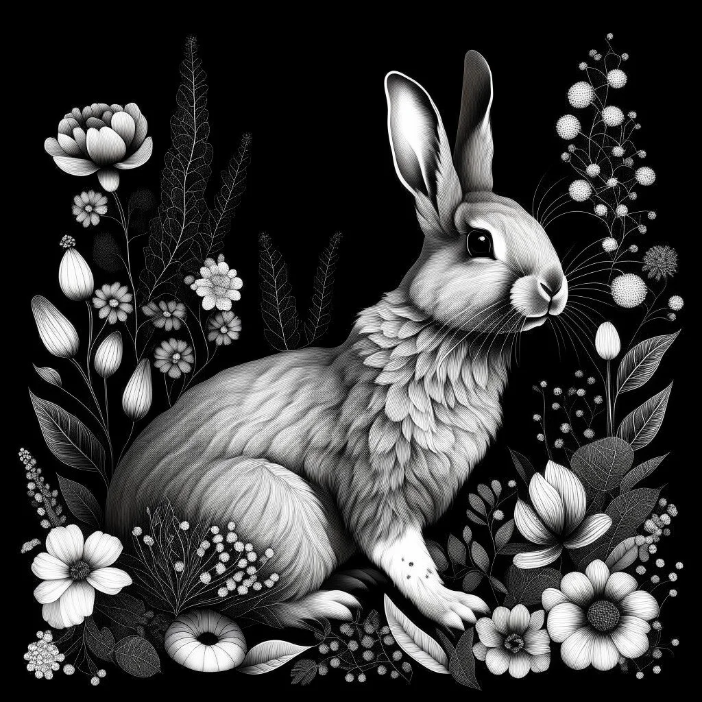 a beautiful rabbit between seeds and big flowers black background .black and white colors. for a coloring book . with grayscale