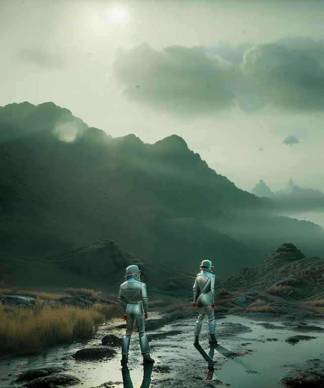 Ultra Realistic retro sci-fi scene, portrait, 2 blonde woman clones, sweet young Marilyn Monroe face, perfect iris, tight latex coat, helmet, Strange planet background. Spaceship, fog, rain, soft color, highly detailed, unreal engine 5, ray tracing, RTX, lumen lighting, ultra detail, volumetric lighting, 3d, finely drawn, high definition, high resolution.