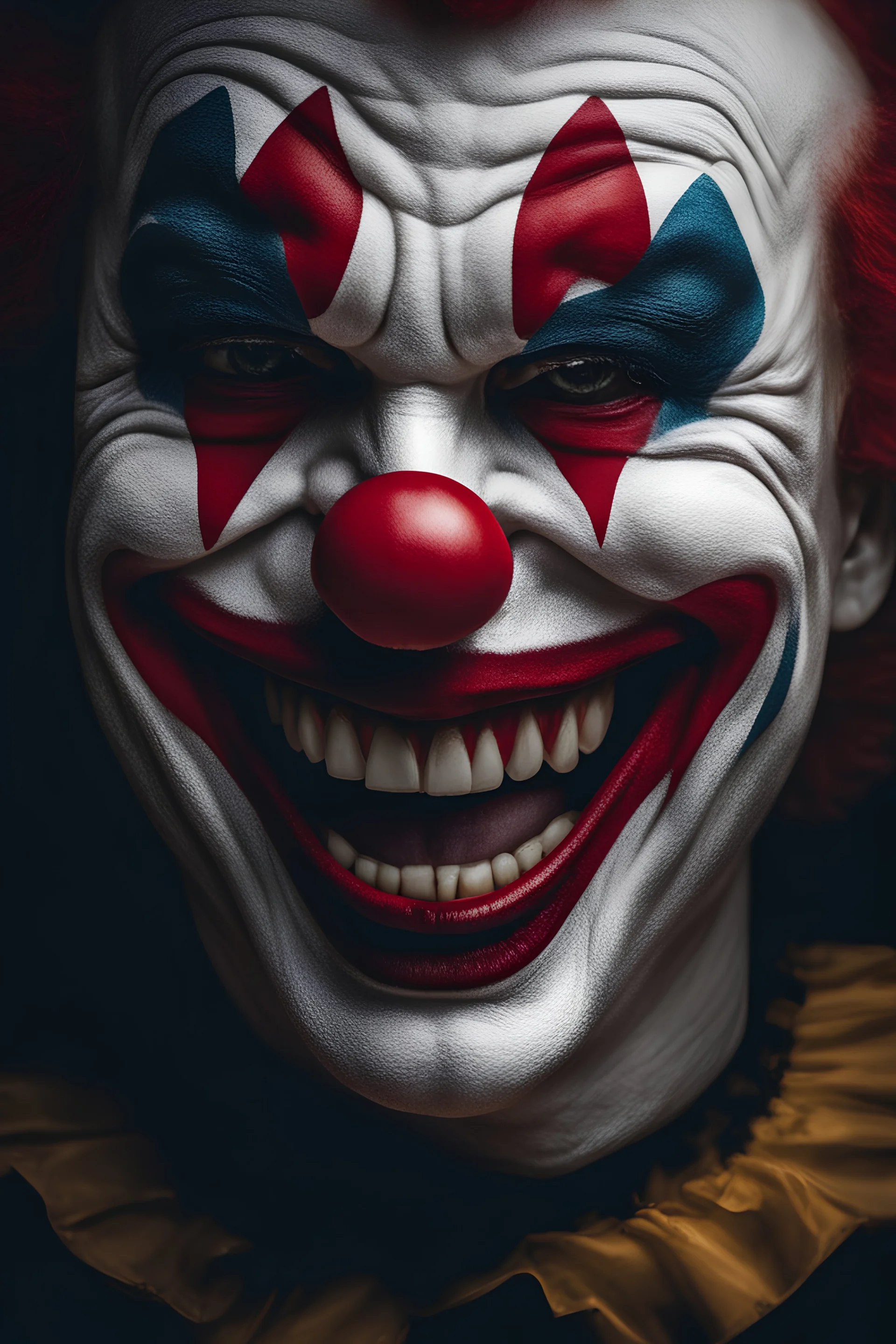 creepy clown angry laughing, dark theme, soothing tones, muted colors, high contrast